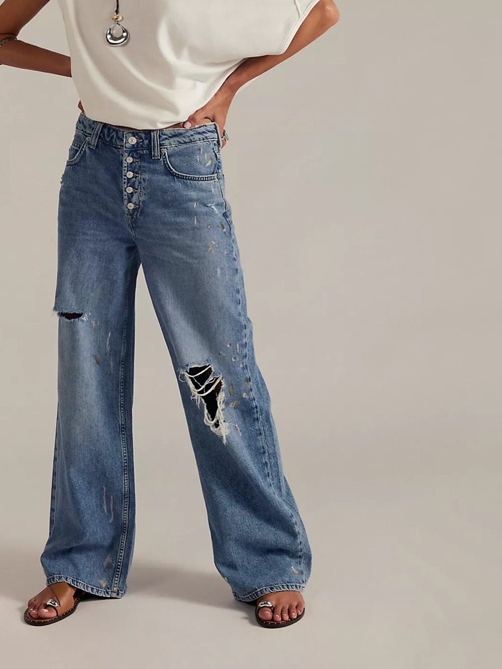 Free People Light Blue High-Rise Wide-Leg Distressed Jeans